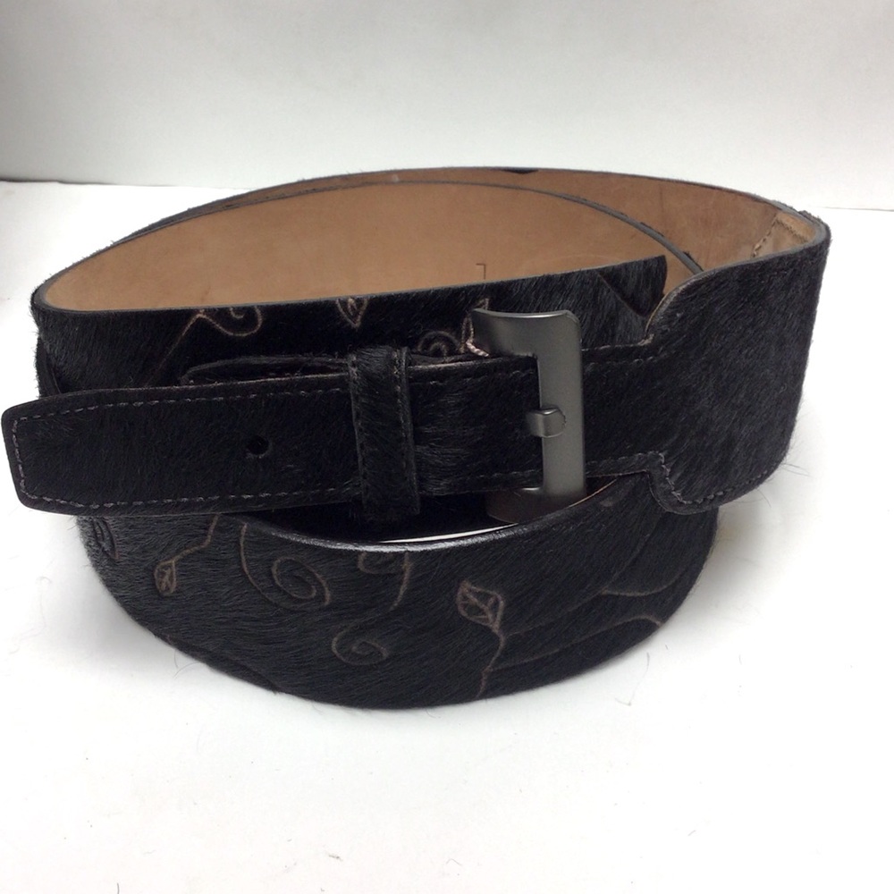 EUC Worth Belt Black Leather Pony Hair Abstract Design Size L